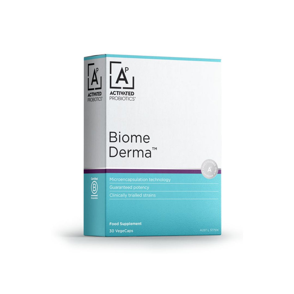 Activated Probiotics Biome Derma 30 Capsules packaging on a white background