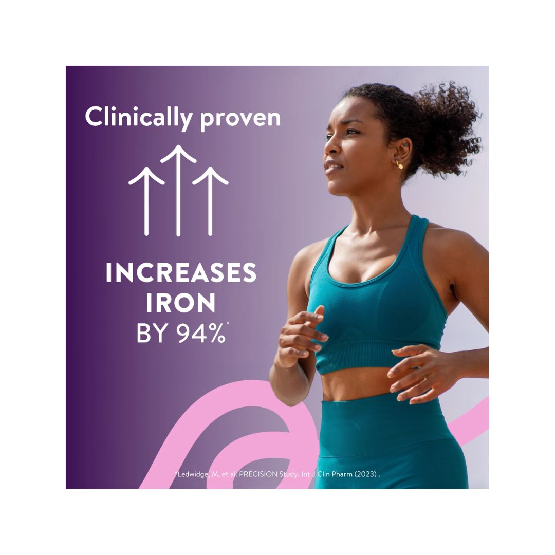 A promotional graphic featuring a woman in athletic wear running, alongside text that reads 'Clinically proven' and 'INCREASES IRON BY 94%'. The background is a purple-to-light-gray gradient with pink abstract shapes.