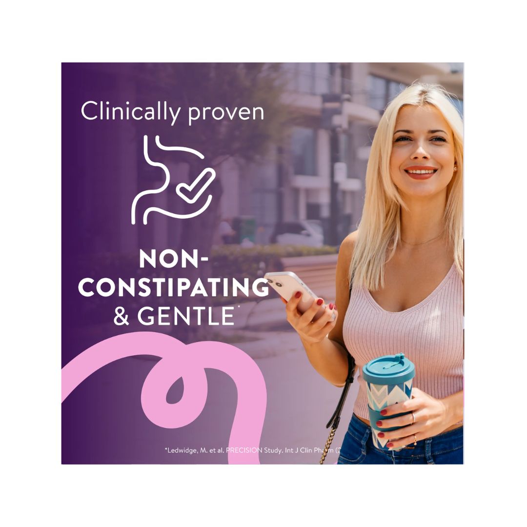 A promotional graphic with a purple background and text reading 'Clinically proven' and 'NON-CONSTIPATING & GENTLE,' alongside a smiling blonde woman holding a phone and a takeaway coffee cup outdoors.