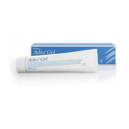 A white tube of Dermalax Adex Gel with blue text, shown in front of its blue and white packaging box on a white background.
