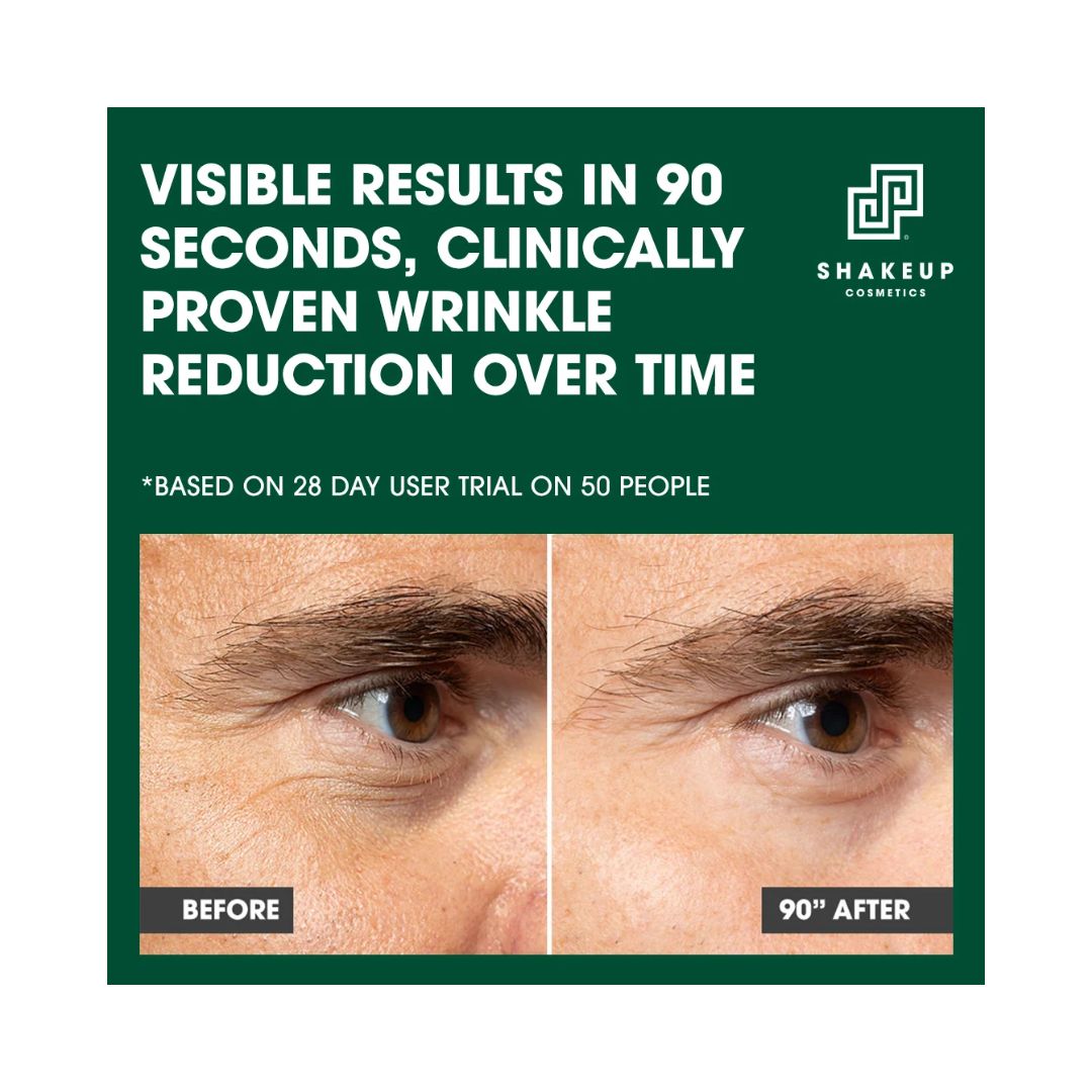 Shakeup Age Def-Eye Instant Lifting Eye Cream before and after graphic of a mans eye surrounded by green