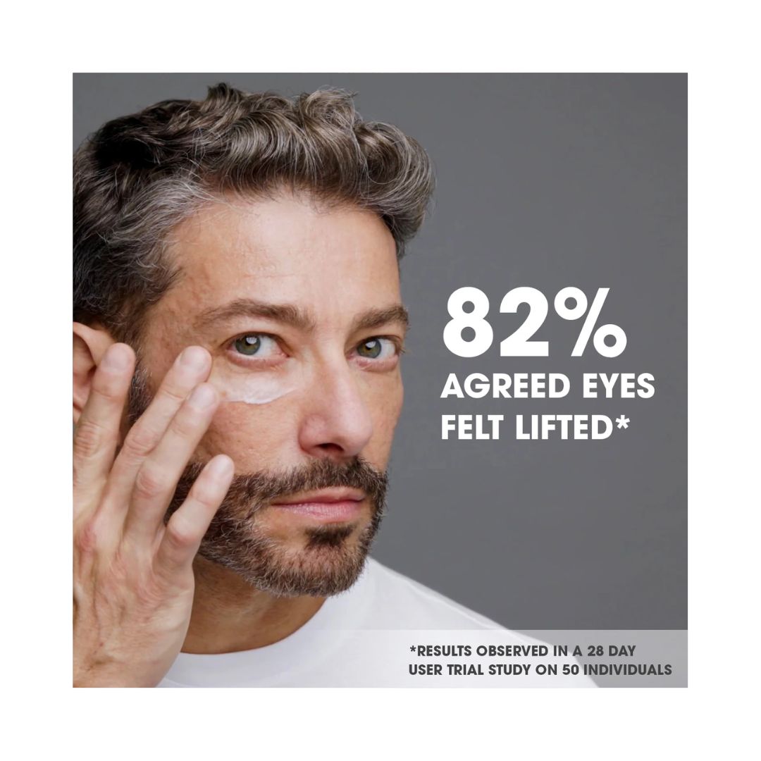 Shakeup Age Def-Eye Instant Lifting Eye Cream - Man applying cream to eyes on a grey background with '82% agreed eyes felt lifted' written in white on the right side of image