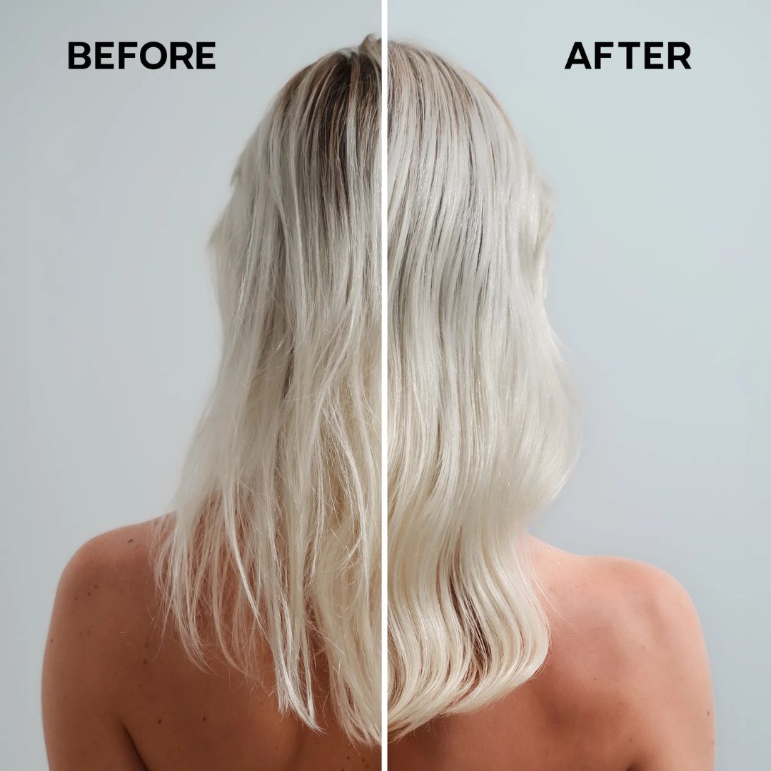 Before and after comparison of blonde hair on a plain background