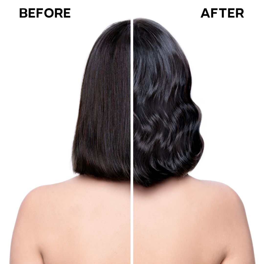 Before and after comparison of hair styling on a person with a plain background