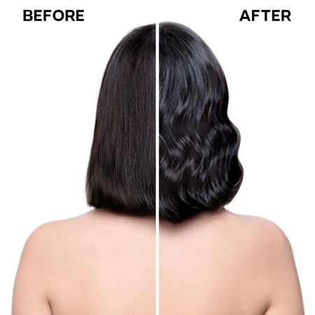 Before and after comparison of hair styling on a person with a plain background