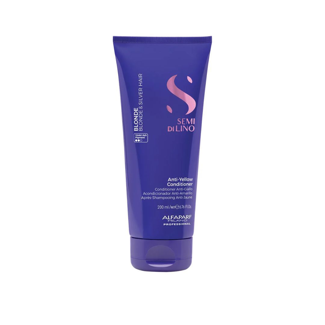 A tube of Aleapi Semi Di Lino Anti-Yellow Conditioner in a deep purple packaging with pink and white text, set against a plain white background.