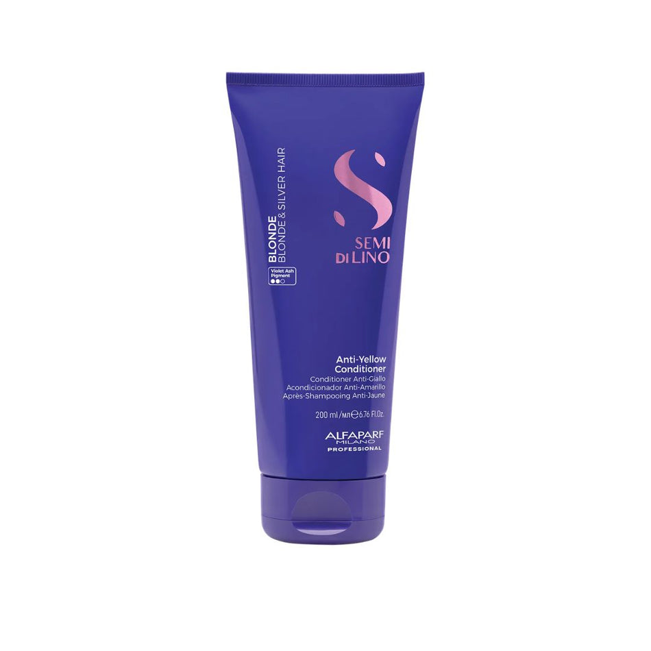 A tube of Aleapi Semi Di Lino Anti-Yellow Conditioner in a deep purple packaging with pink and white text, set against a plain white background.