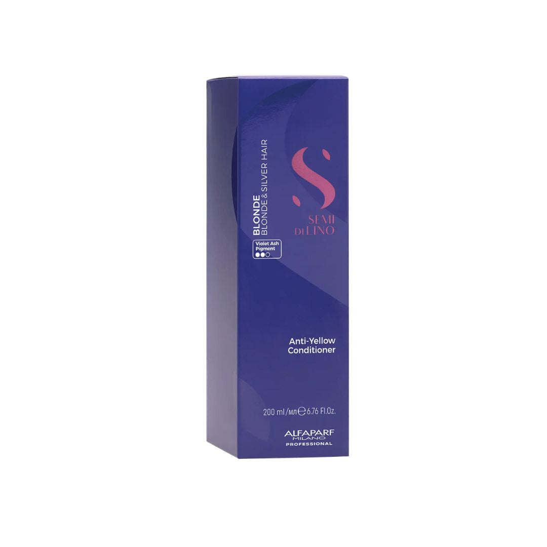 A tall rectangular blue-purple box of Alfaparf Professional Star Bluno Anti-Yellow Conditioner for longer, brighter hair, shown on a plain white background.