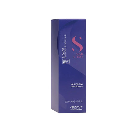 A tall rectangular blue-purple box of Alfaparf Professional Star Bluno Anti-Yellow Conditioner for longer, brighter hair, shown on a plain white background.