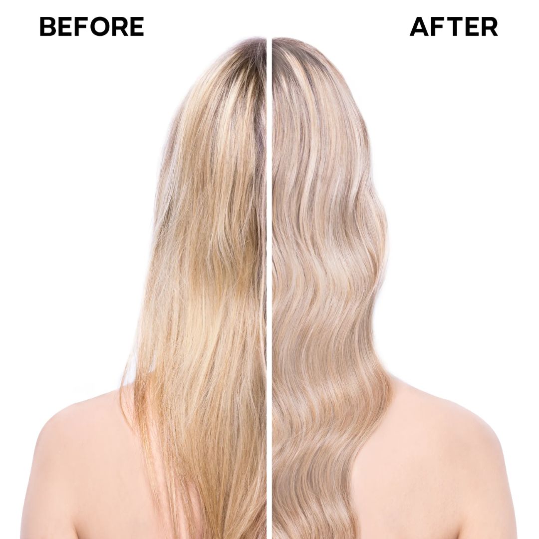 Before and after comparison of blonde hair with a white background