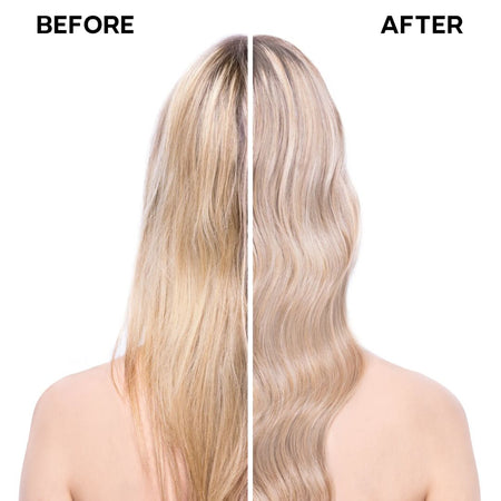 Before and after comparison of blonde hair with a white background