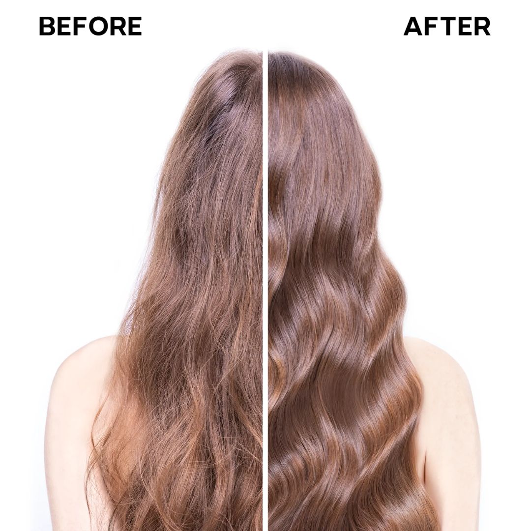 Before and after comparison of wavy hair on a white background