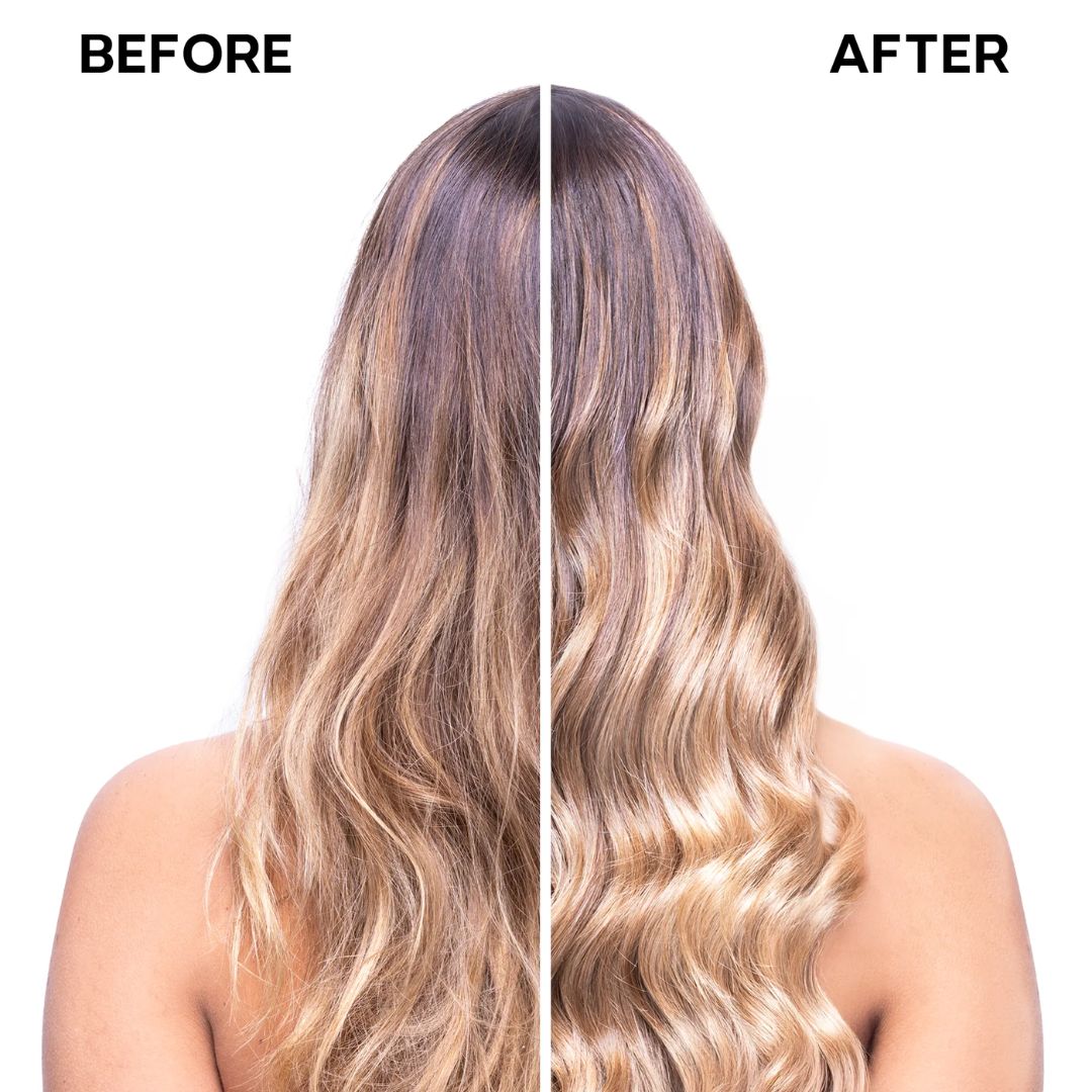 Before and after comparison of wavy hair with a white background