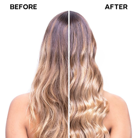 Before and after comparison of wavy hair with a white background