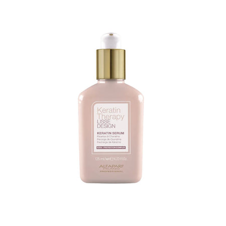 Keratin therapy serum bottle with gold cap on a white background