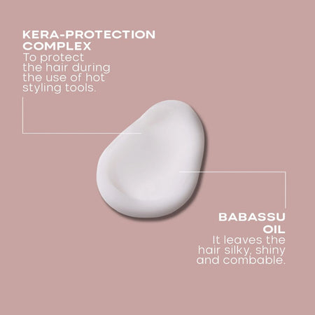 Babassu oil droplet with text about kera-protection complex on a pink background