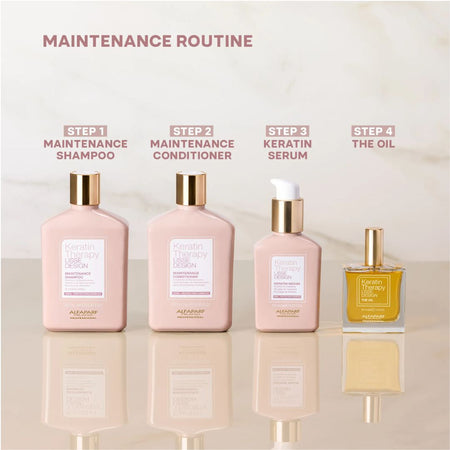 Set of hair care products with labels indicating a maintenance routine on a reflective surface.
