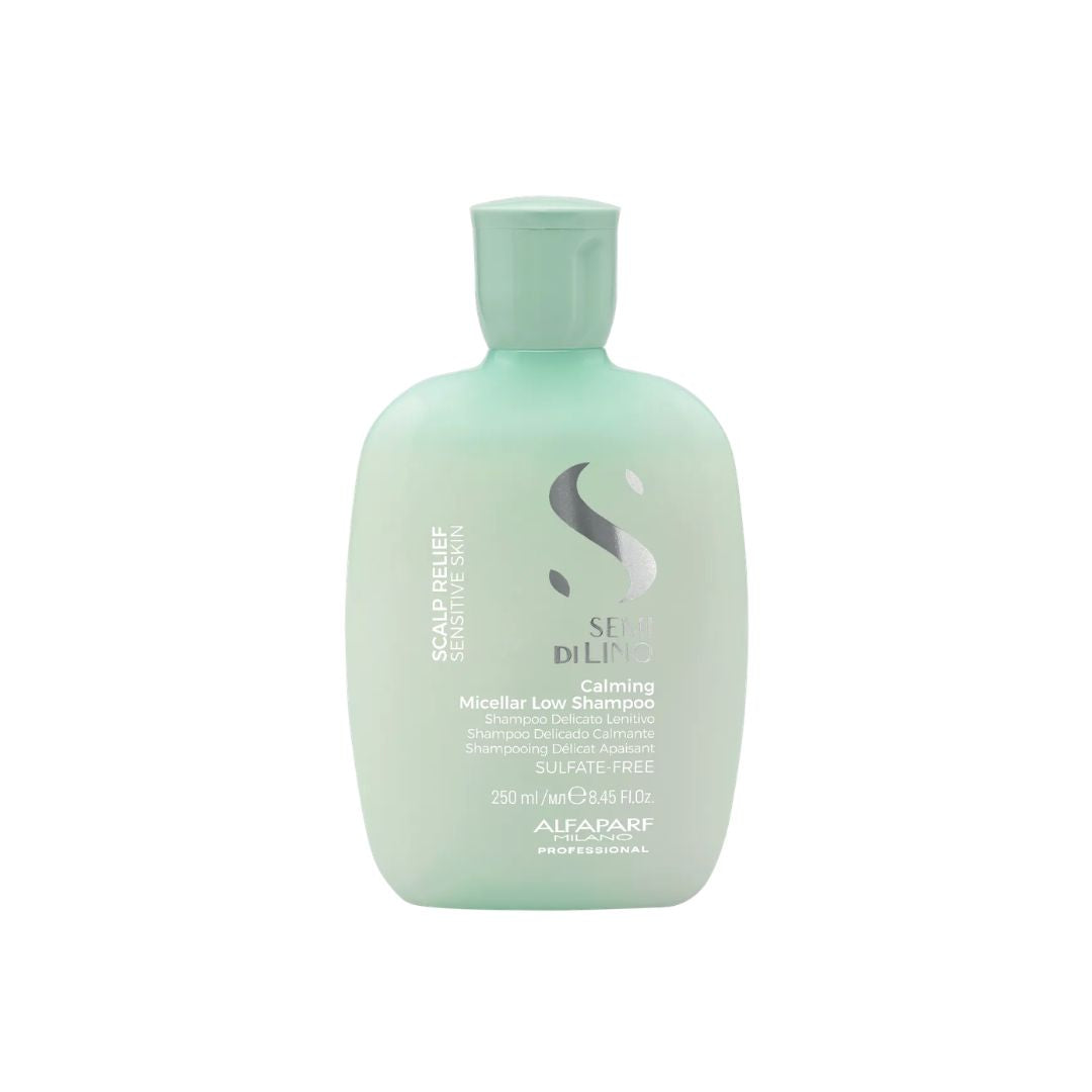 A 250ml bottle of Alfarab Professional Series Diligence Scalp Relief Calming Micellar Low Shampoo in a pale mint green color, shown on a plain white background.
