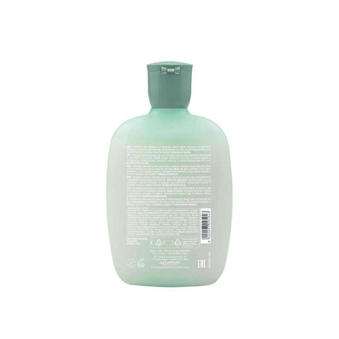 The back of a frosted light green plastic bottle with a matching green cap, featuring white text and a barcode, isolated on a white background.