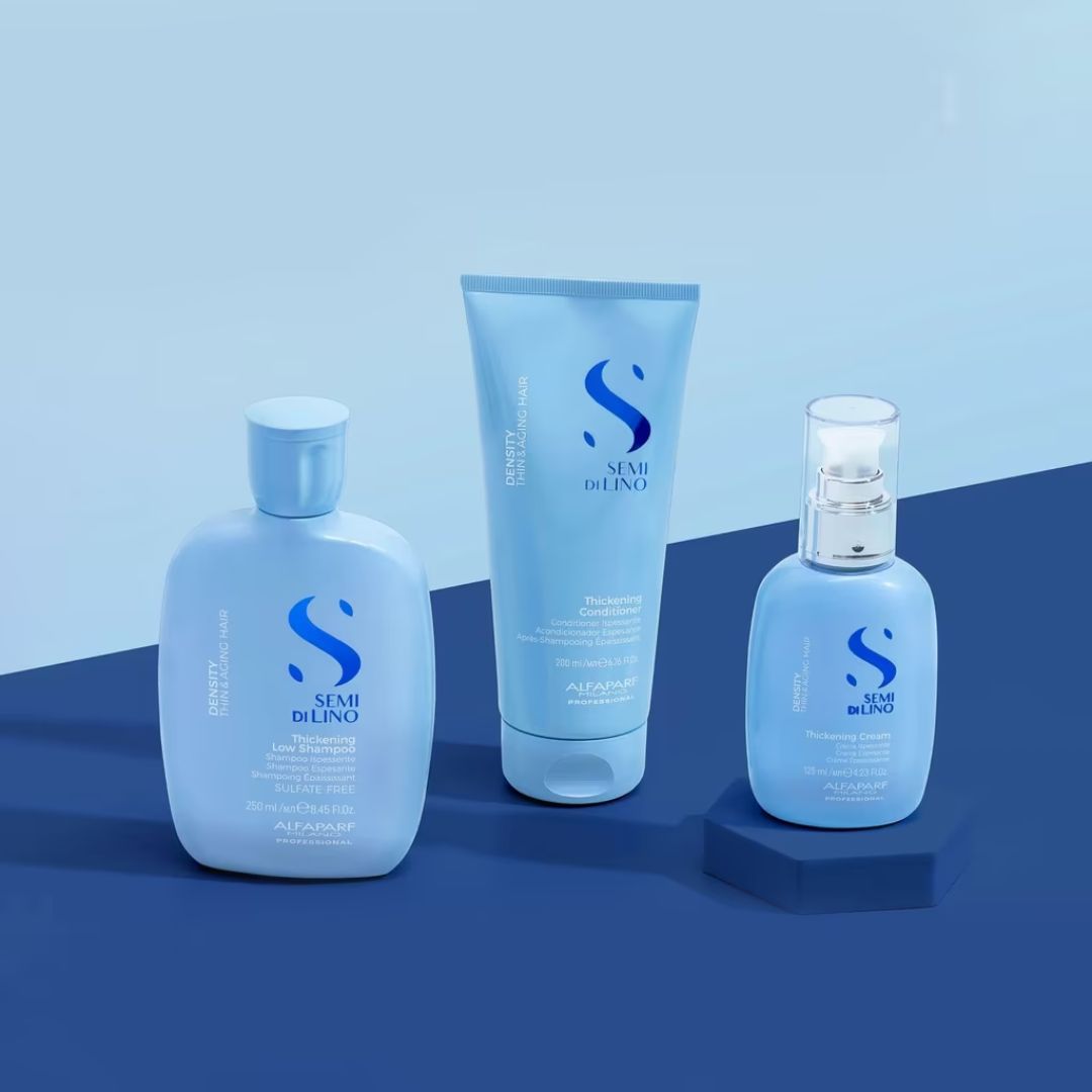 Alfaparf Milano Semi Di Lino Density Gift Set contents on a blue background