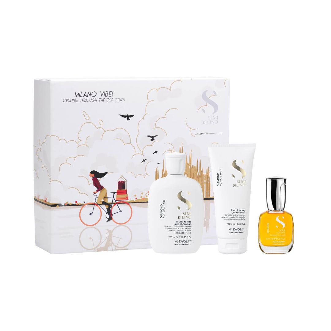  Alfaparf Milano Semi Di Lino Diamond Gift Set and contents on a white background grooming set featuring a white illustrated box, a white shampoo bottle, a white body wash tube, and a small yellow fragrance bottle on a white background.
