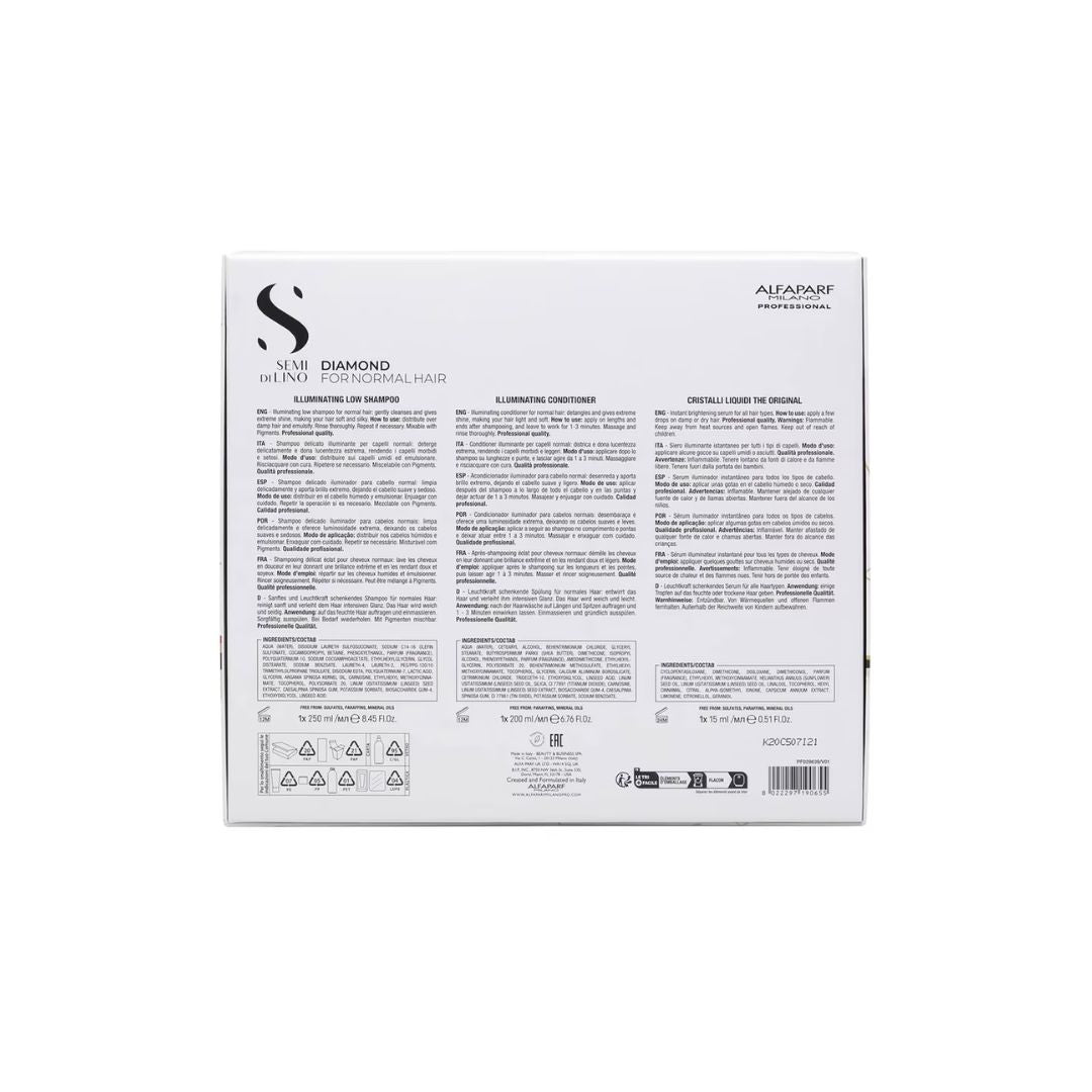 The back of a white rectangular product box with black text and logos, photographed on a plain white background. Visible branding includes Alfaparf Milano Semi Di Lino Diamond Gift Set and contents on a white background
