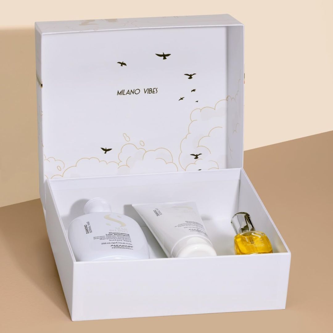 Alfaparf Milano Semi Di Lino Diamond Gift Set and contents on a beige background 