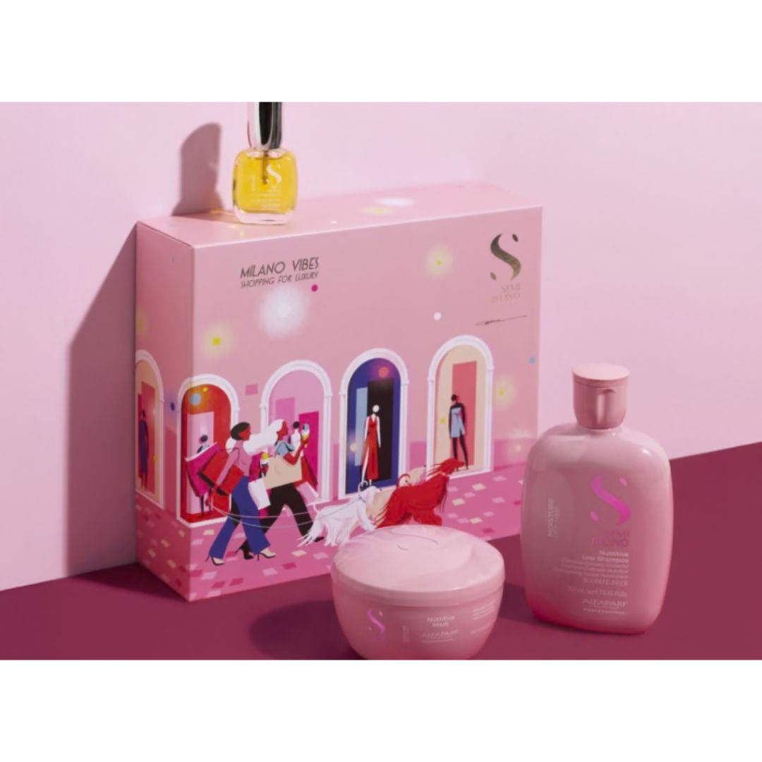 Alfaparf Milano Semi di Lino Moisture Gift Set and contents on a pink background
