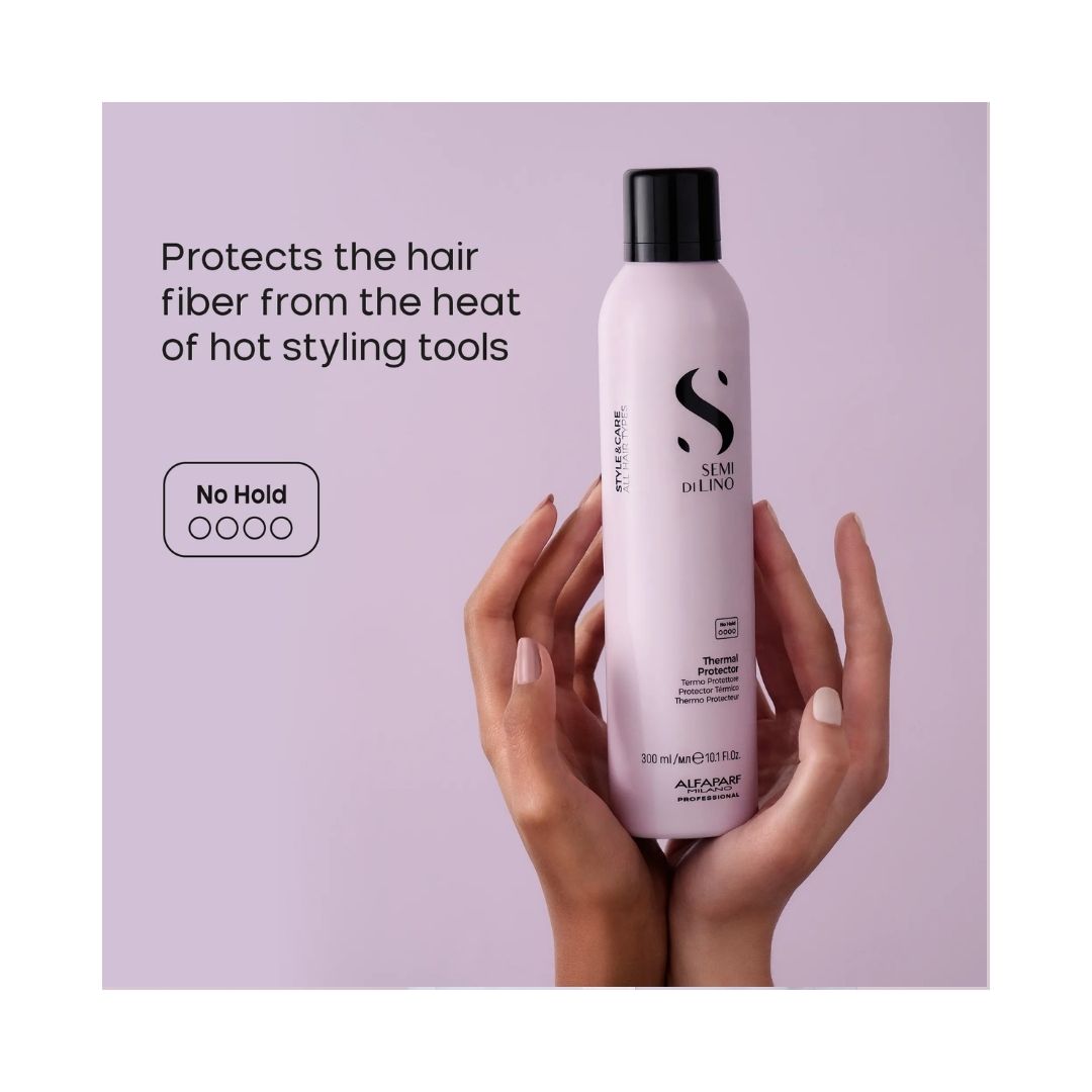 Alfaparf Milano Semi di Lino Thermal Protector 300ml 'Protects the hair fibre from the heat of hot styling tools' graphic on a light pink background