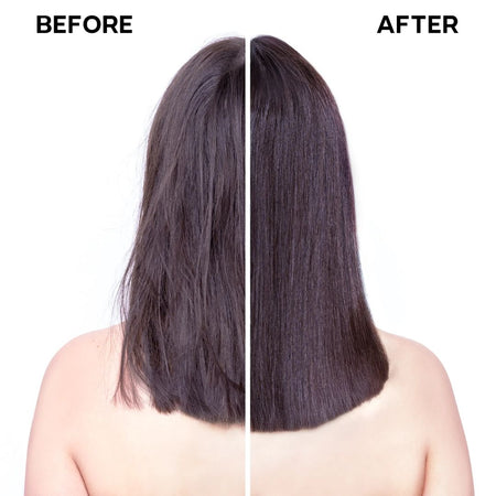 Before and after comparison of hair treatment on a person with straightened hair.