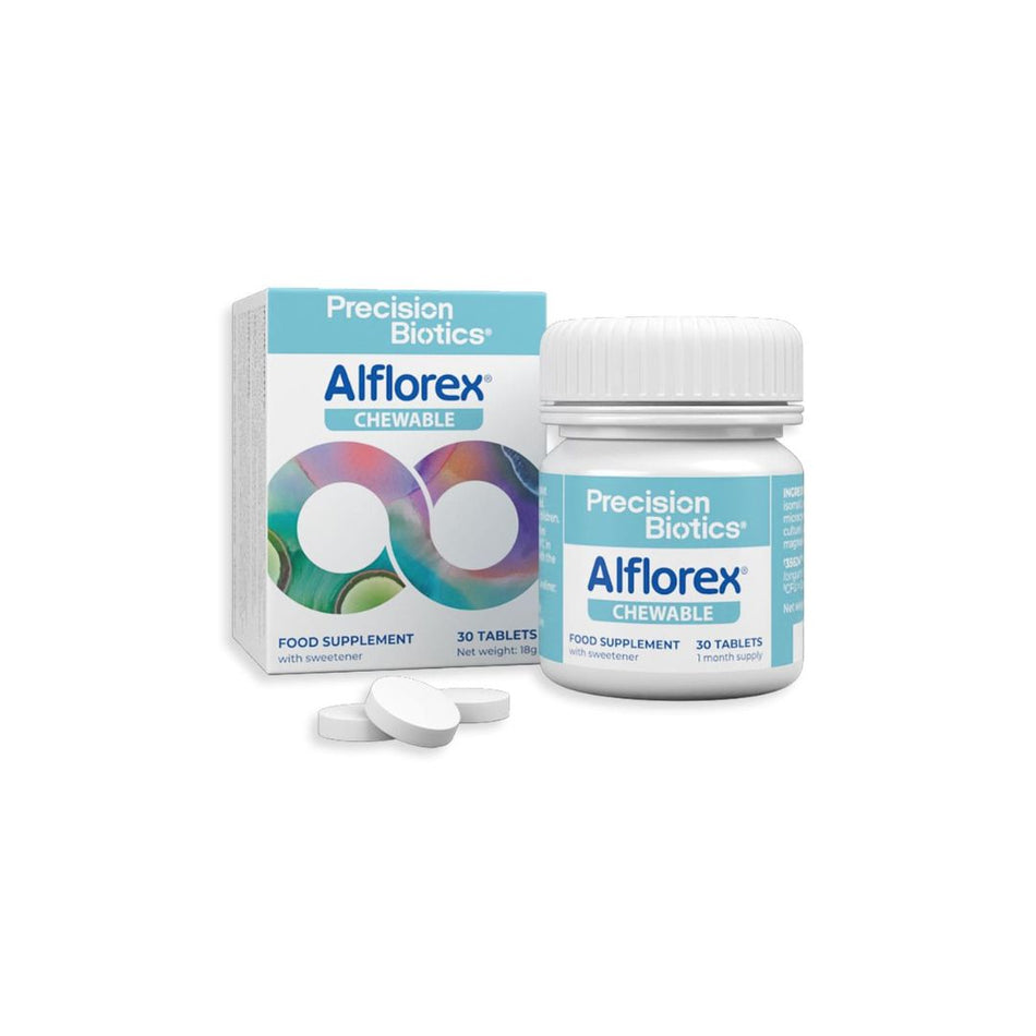 Alflorex chewable tablets box and bottle with a few tablets in the foreground
