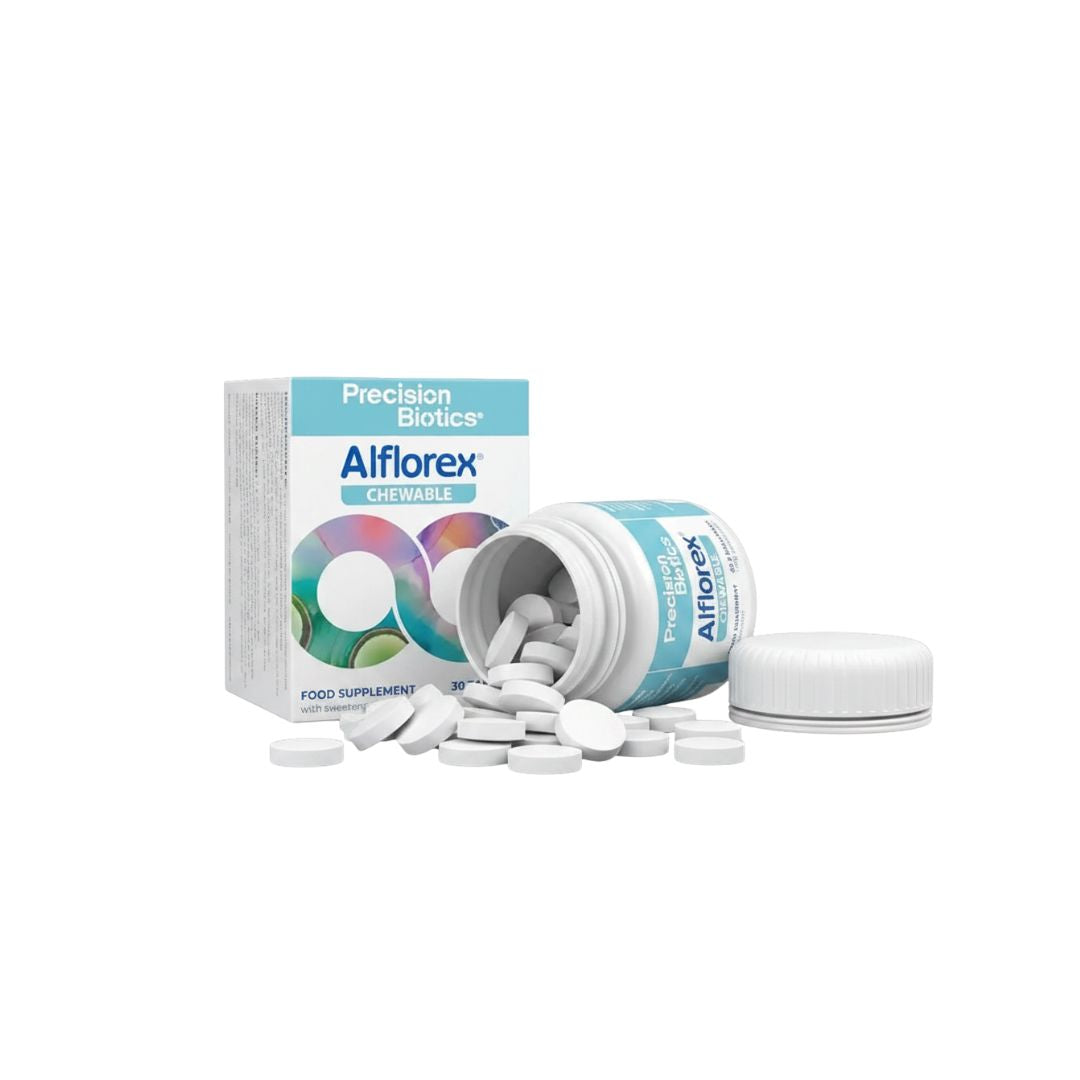 Alflorex chewable tablet box with tipped over bottle in front of it