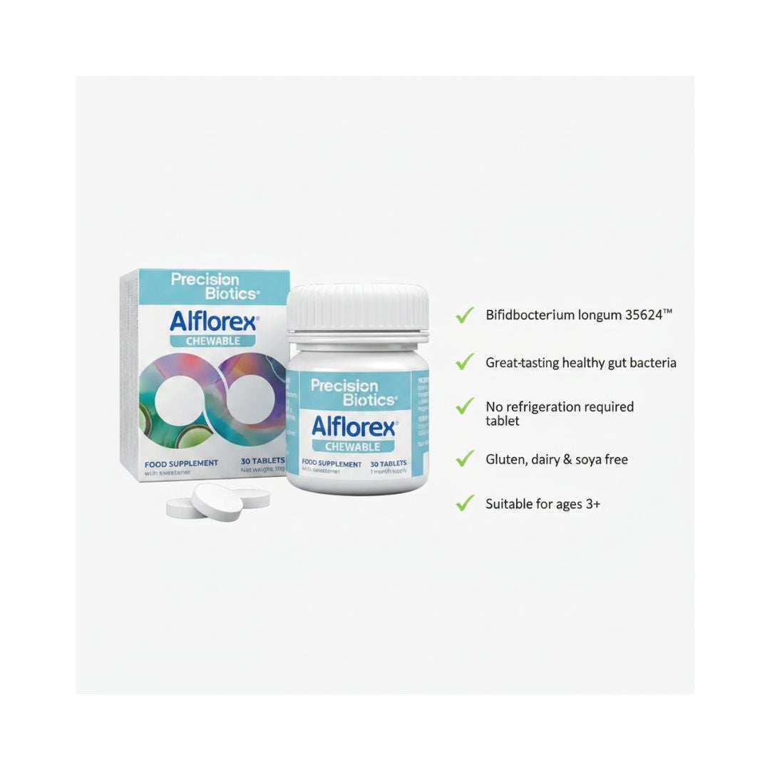 Alflorex chewable tablet key benefits and information graphic
