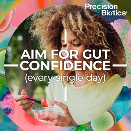 Woman eating strawberries with a colorful, blurred background and 'Precision Biotics' text overlay.