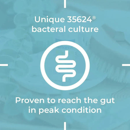Advertisement for Unique 35624 bacterial culture with a stylized gut icon on a teal background.