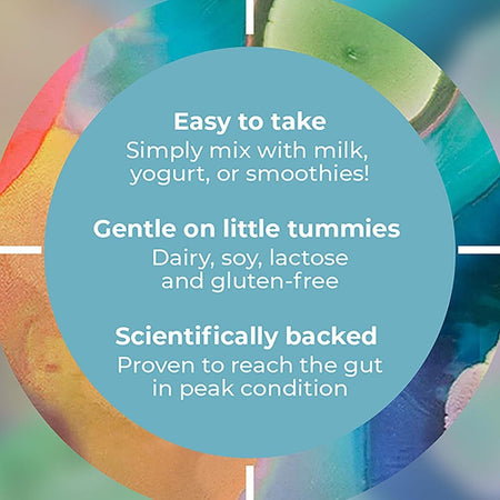 Promotional text about a product for children, with colorful background