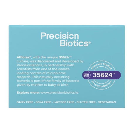 Precision Biotics product packaging with text and branding on a blue background
