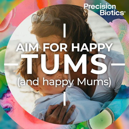 Advertisement for Precision Biotics with text 'Aim for happy tums and happy mums' over a colorful background.