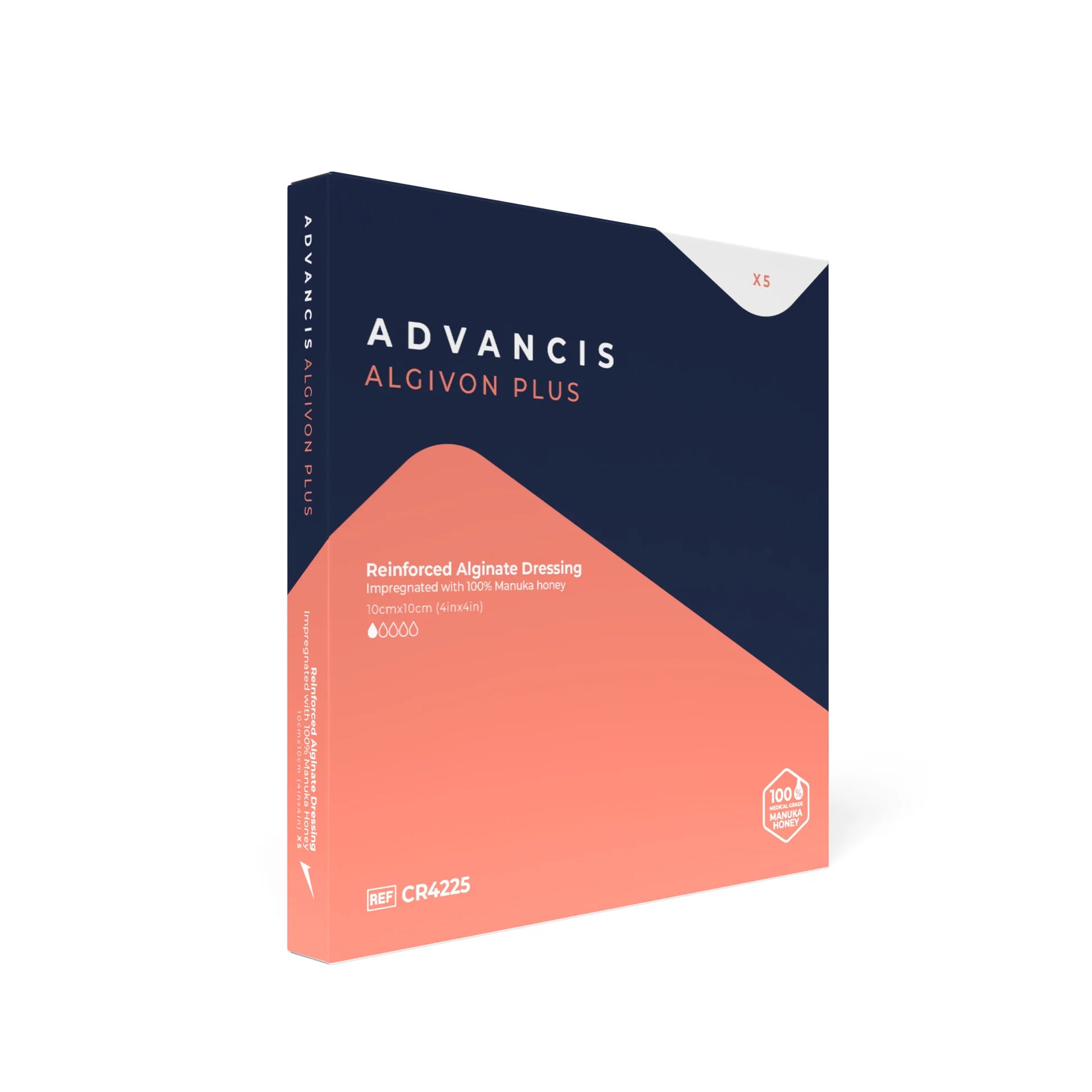 A 3D box mockup for Advancis Algivon Plus, a dental alginate dressing product by Crazzs. The packaging features a dark navy blue top section and a coral pink bottom section, with white text and branding.
