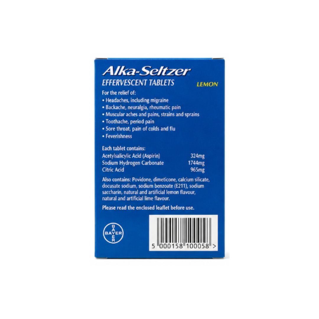 Alka-Seltzer Effervescent Lemon – 10 Tablets packaging (rear angle) on a white background