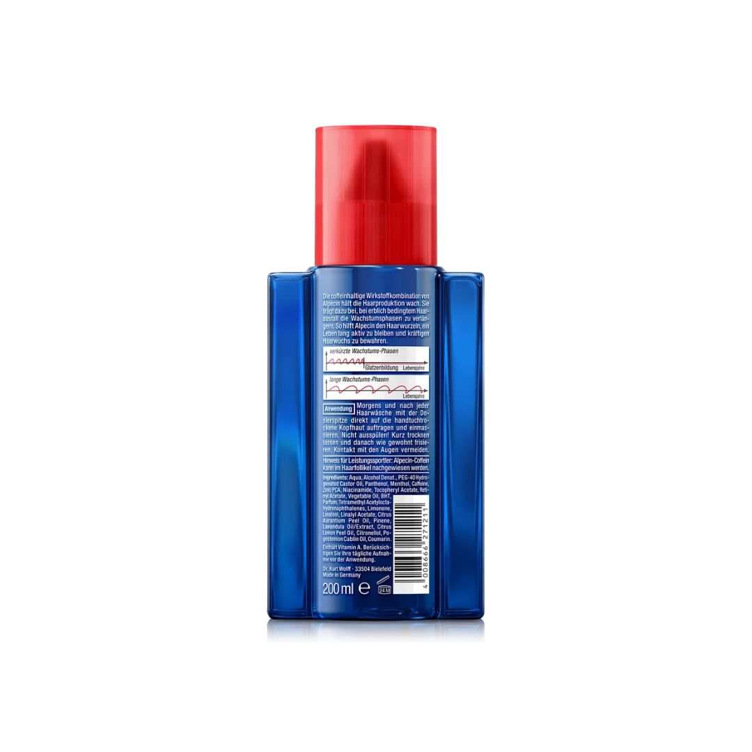 Alpecin Caffeine Liquid Hair Energizer bottle (rear angle) on a white background
