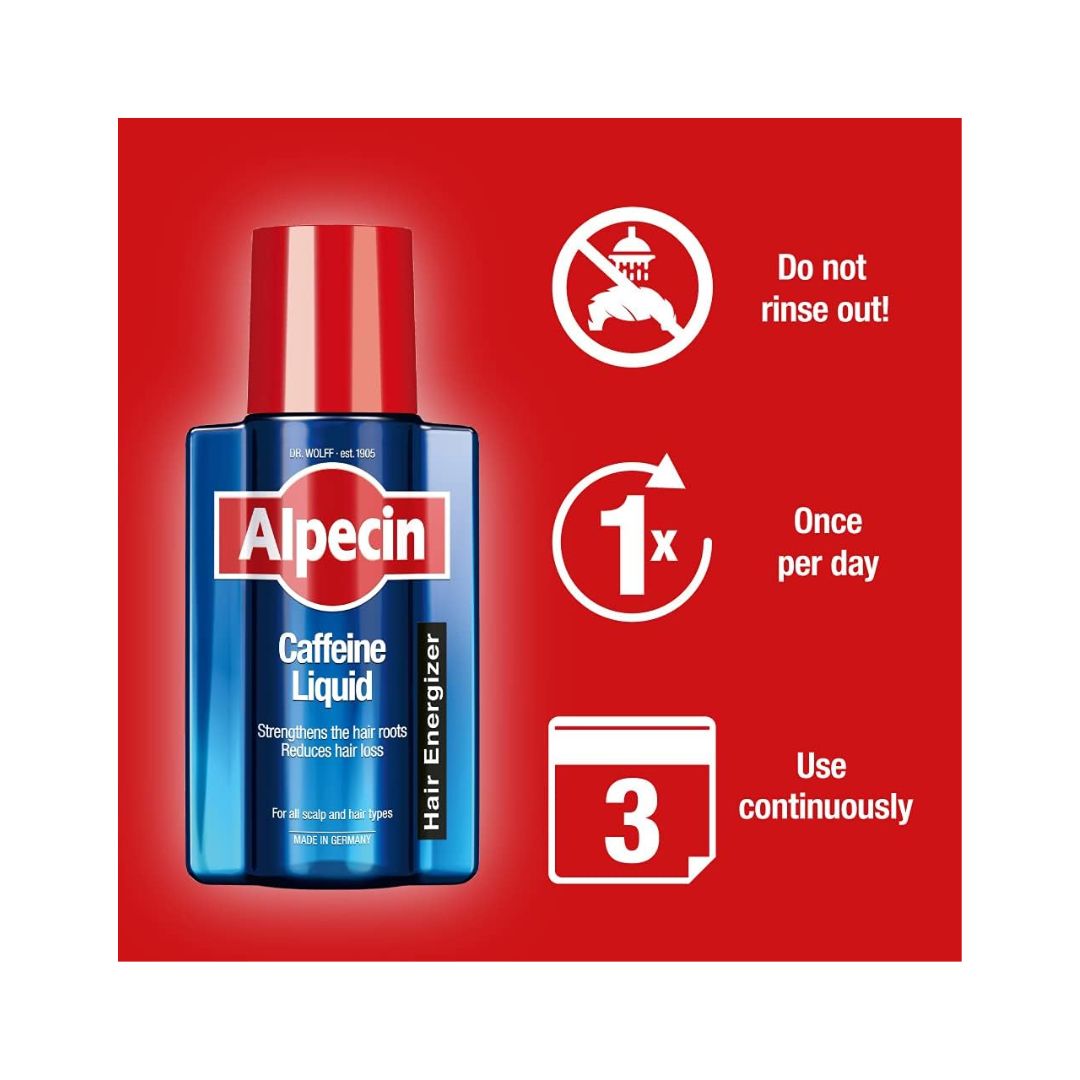 Alpecin Caffeine Liquid Hair Energizer bottle on a red background with usage information to the right