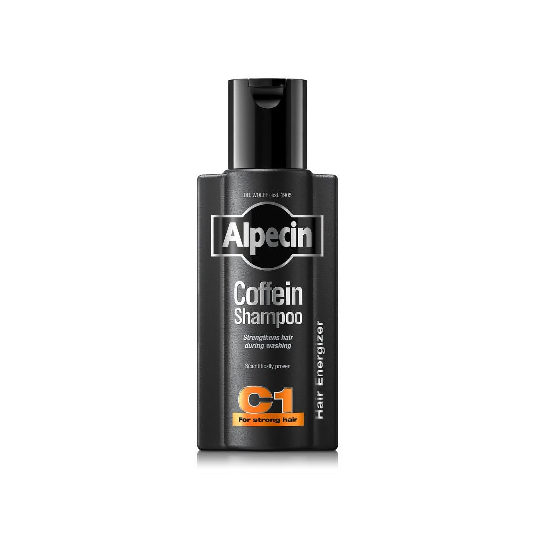 Alpecin Caffein Shampoo bottle in black with white and orange text, shown on a clean white background.