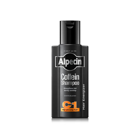 Alpecin Caffein Shampoo bottle in black with white and orange text, shown on a clean white background.