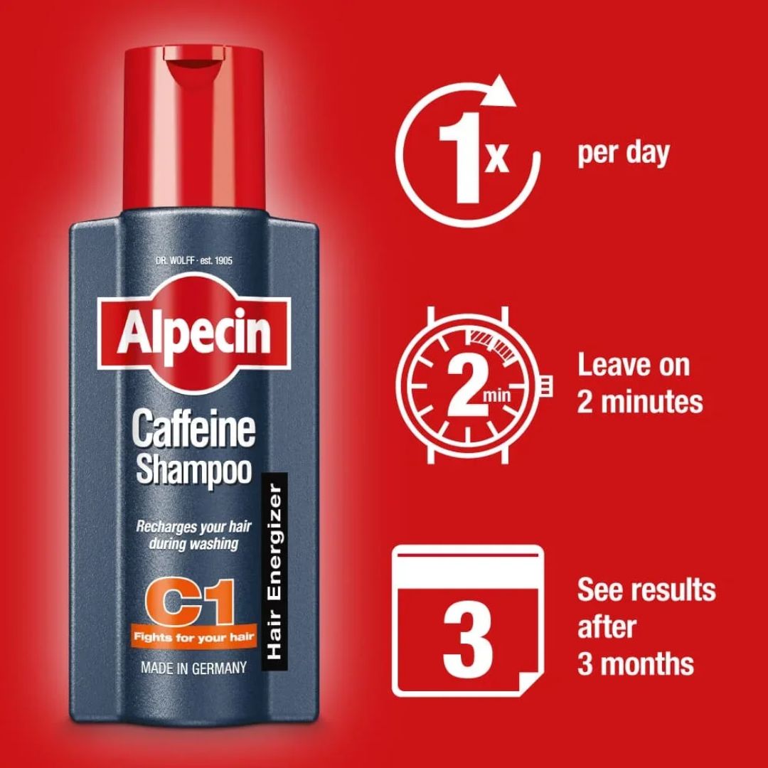 Alpecin caffeine shampoo bottle with usage instructions on a red background