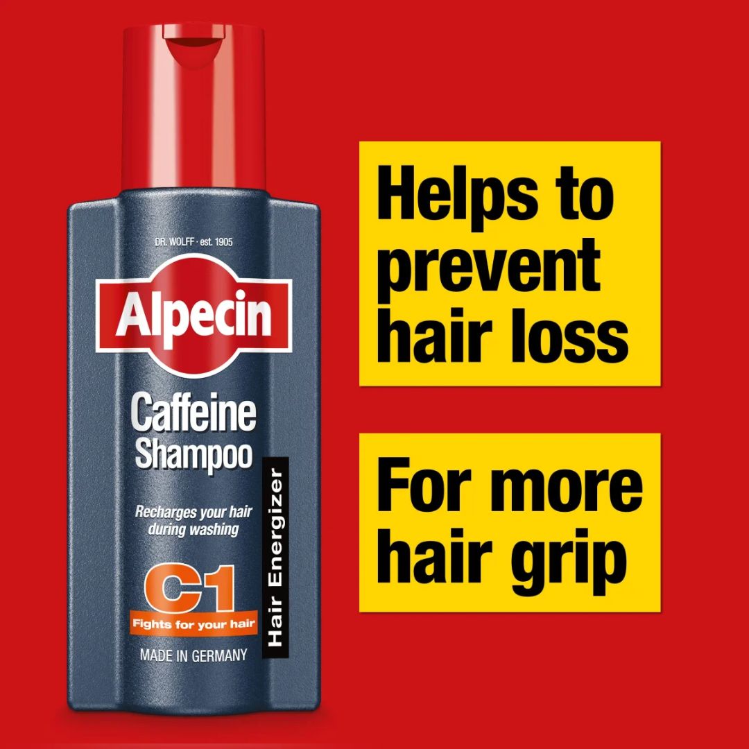 Alpecin Caffeine Shampoo bottle on a red background with two yellow text boxes that read 'Helps to prevent hair loss' and 'For more hair grip'.