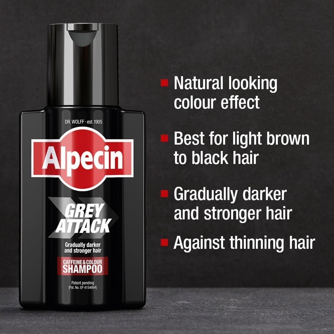 Alpecin Grey Attack hair dye shampoo bottle on a dark textured background with promotional text on the right.