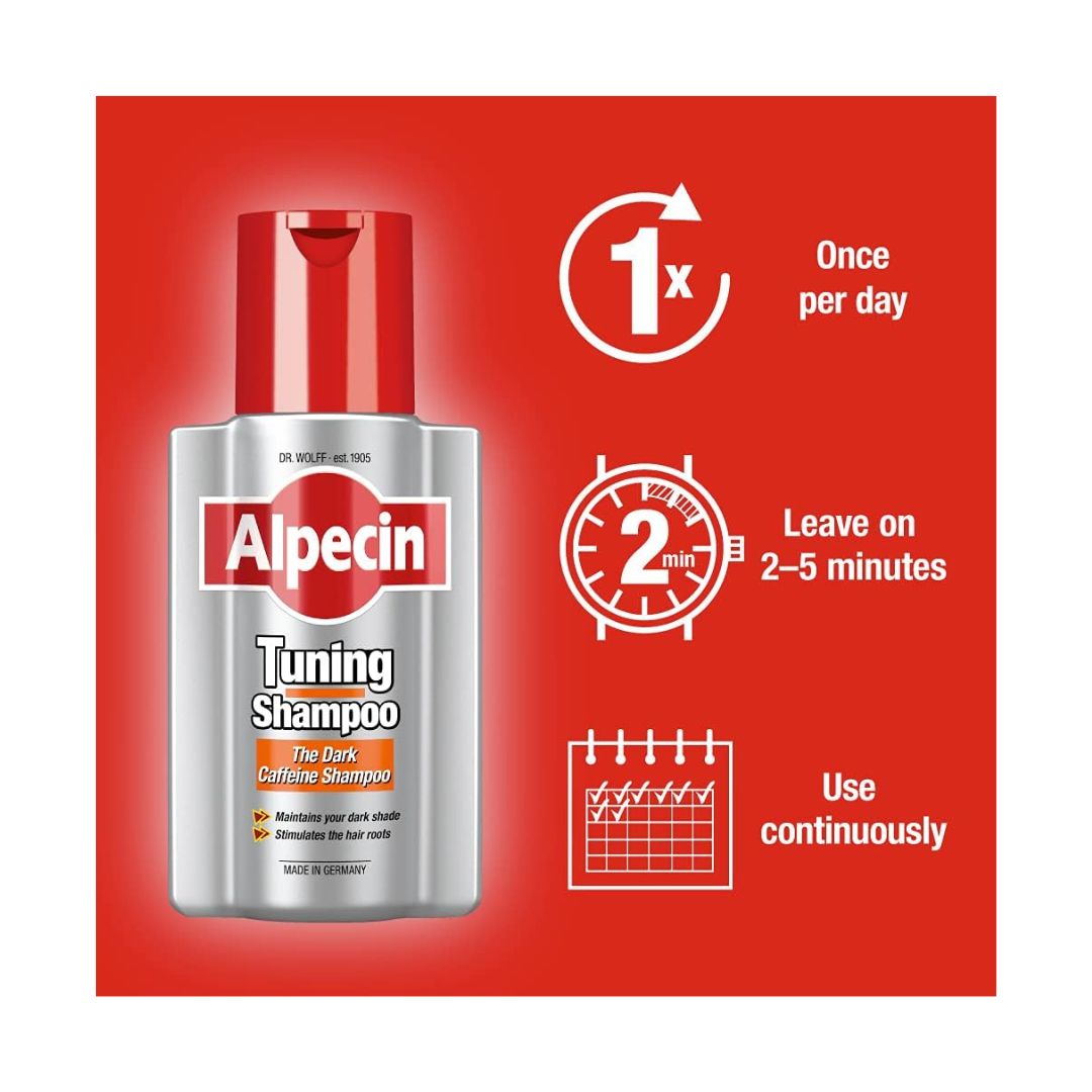 Alpecin Tuning Caffeine Shampoo bottle on a red background with product information to the right