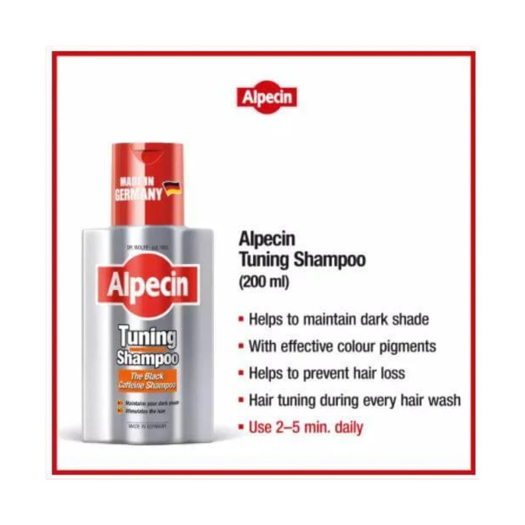 Alpecin Tuning Caffeine Shampoo product information and usage graphic including product bottle
