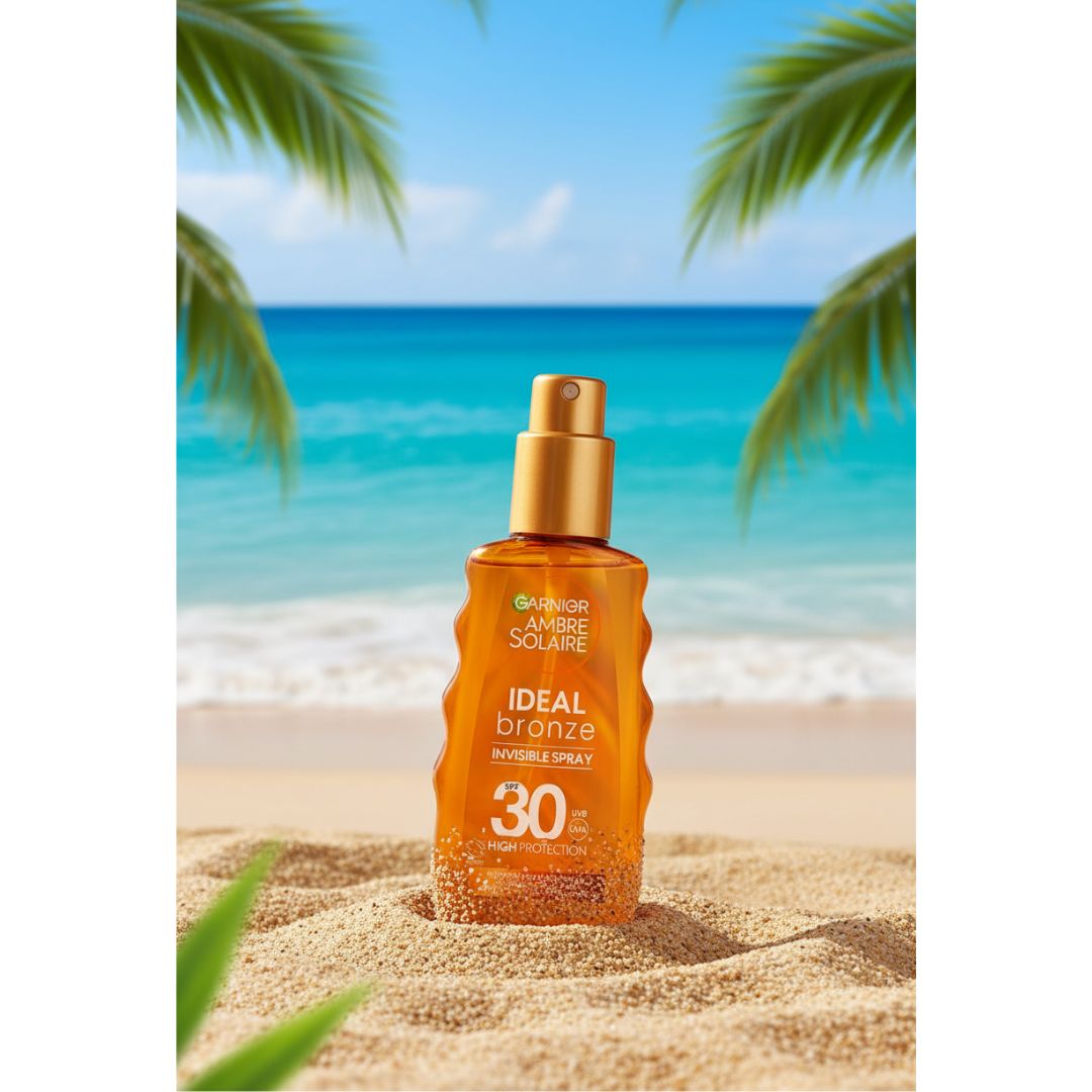 Garnier Ambre Solaire Ideal Bronze Invisible Spray bottle on a sandy beach with blue water in the background